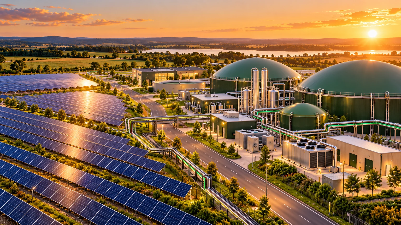 Concept visual of solar panels and biogas generation integrated at one energy site
